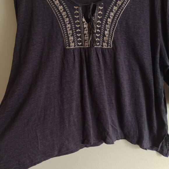 Wrap London Linen Blouse US 18 Relaxed Fit Gray Peasant Top w Embroidery - Picture 5 of 8